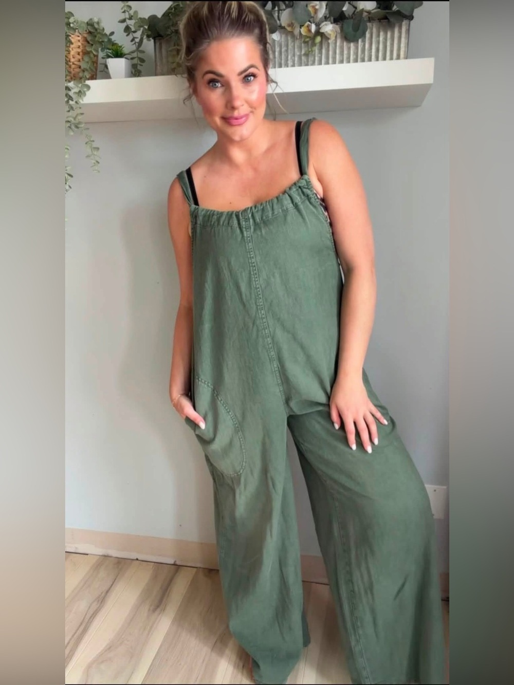 Free People Olive Green Wide-Leg Strap Jumpsuit